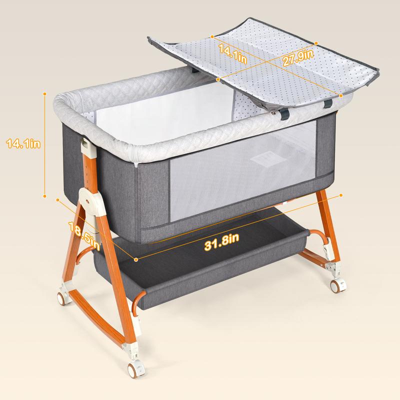 Baby Bassinet Sleeper, 6 Height Adjustable Cribs, Easy to Fold Portable Crib Side Bassinet, Swing Cradle Bed Side Sleeper with Ventilated Net&Wheels