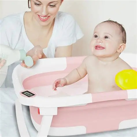 Napei Collapsible Baby Bathtub with Real-Time Temp Monitor, Floating Cushion, Bath Chair,Foldable Baby Bath Tub Set for Newborns & Toddlers, Drainage