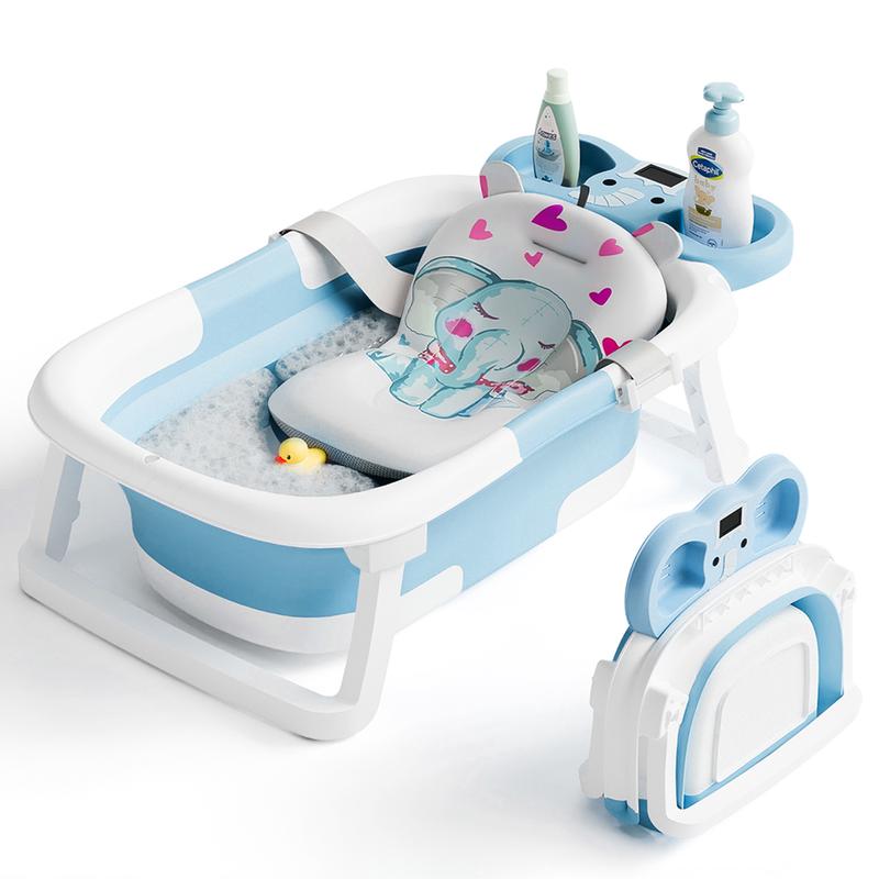 Napei Collapsible Baby Bathtub with Real-Time Temp Monitor, Floating Cushion, Bath Chair,Foldable Baby Bath Tub Set for Newborns & Toddlers, Drainage