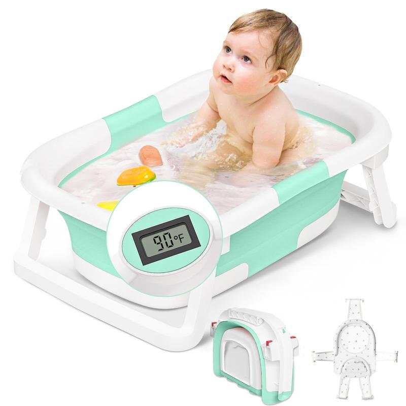 Napei Collapsible Baby Bathtub with Real-Time Temp Monitor, Floating Cushion, Bath Chair,Foldable Baby Bath Tub Set for Newborns & Toddlers, Drainage