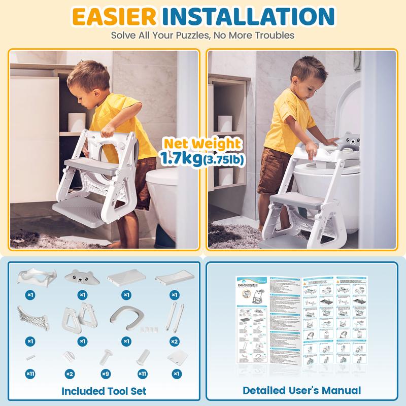 Orzbow 2-IN-1 Potty Training Toilet Seat with Step Stool for Toddler, Stability Training Potty Seat for Kids Boys Girls with Splash Guard and Anti-Slip Pad, Adjustable Ladder & Potty Seat Height, Grey
