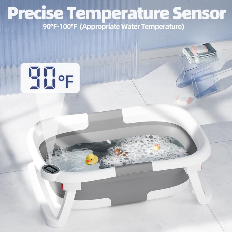 Napei Collapsible Baby Bathtub with Real-Time Temp Monitor, Floating Cushion, Bath Chair,Foldable Baby Bath Tub Set for Newborns & Toddlers, Drainage