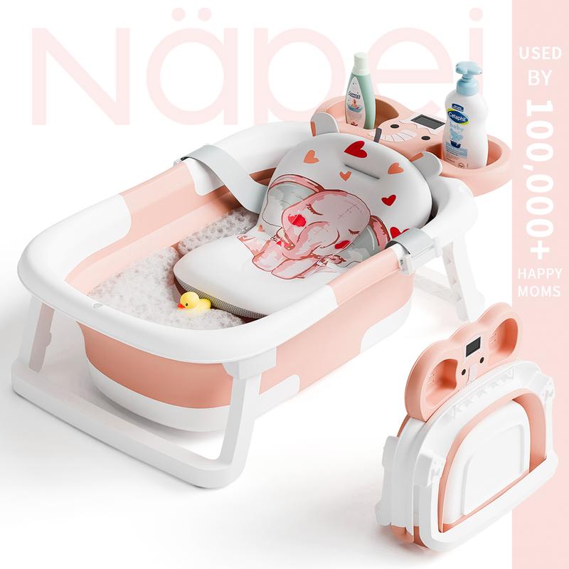 Napei Collapsible Baby Bathtub with Real-Time Temp Monitor, Floating Cushion, Bath Chair,Foldable Baby Bath Tub Set for Newborns & Toddlers, Drainage