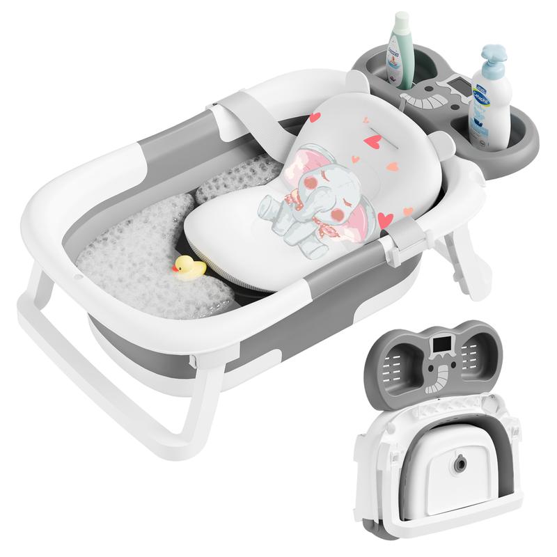 Napei Collapsible Baby Bathtub with Real-Time Temp Monitor, Floating Cushion, Bath Chair,Foldable Baby Bath Tub Set for Newborns & Toddlers, Drainage