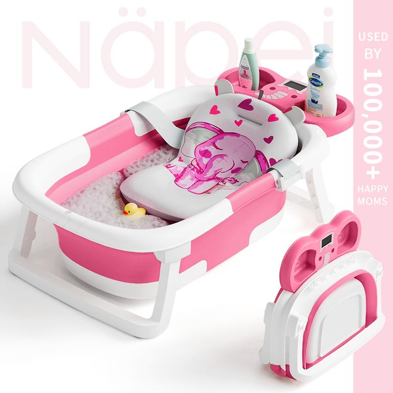 Napei Collapsible Baby Bathtub with Real-Time Temp Monitor, Floating Cushion, Bath Chair,Foldable Baby Bath Tub Set for Newborns & Toddlers, Drainage