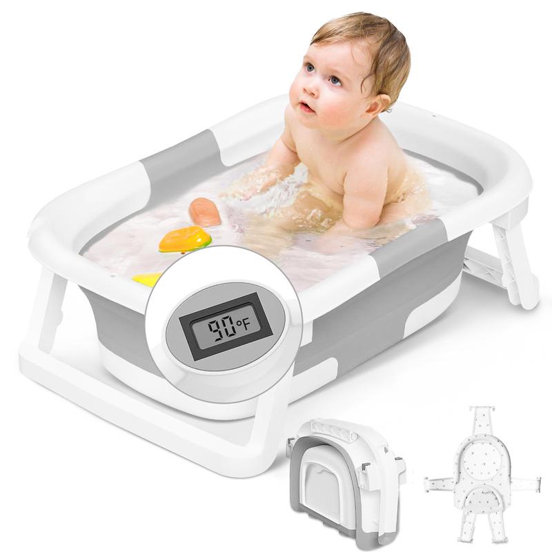 Napei Collapsible Baby Bathtub with Real-Time Temp Monitor, Floating Cushion, Bath Chair,Foldable Baby Bath Tub Set for Newborns & Toddlers, Drainage