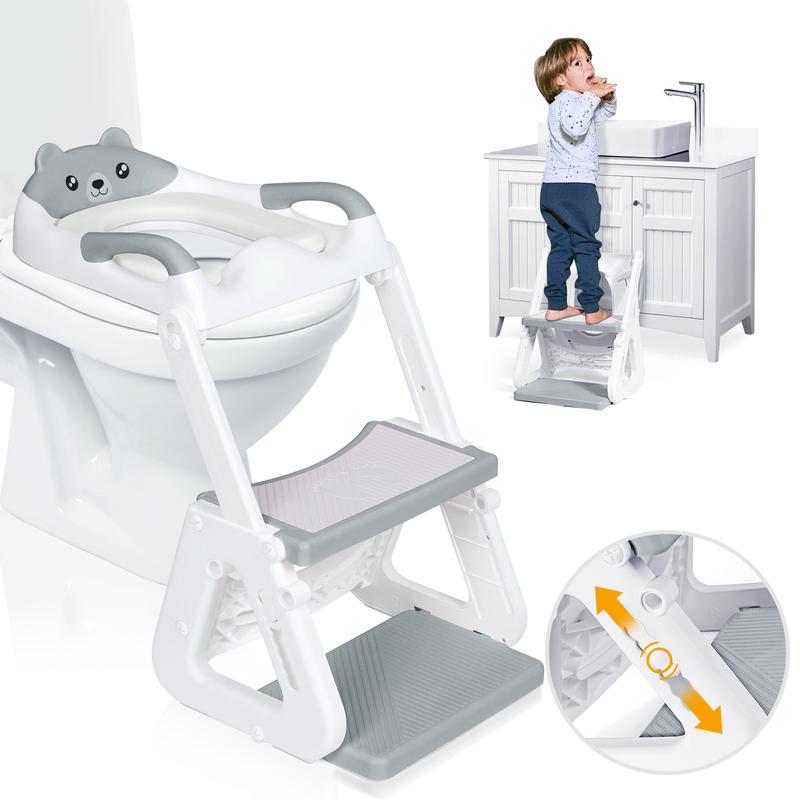 Orzbow 2-IN-1 Potty Training Toilet Seat with Step Stool for Toddler, Stability Training Potty Seat for Kids Boys Girls with Splash Guard and Anti-Slip Pad, Adjustable Ladder & Potty Seat Height, Grey