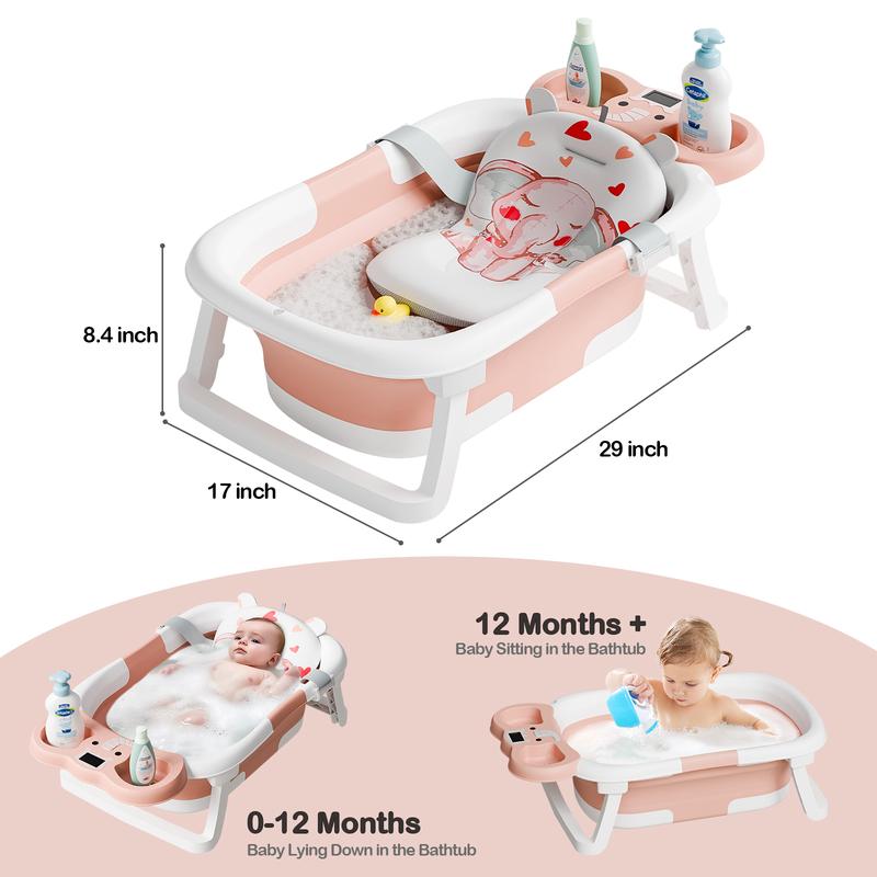 Napei Collapsible Baby Bathtub with Real-Time Temp Monitor, Floating Cushion, Bath Chair,Foldable Baby Bath Tub Set for Newborns & Toddlers, Drainage