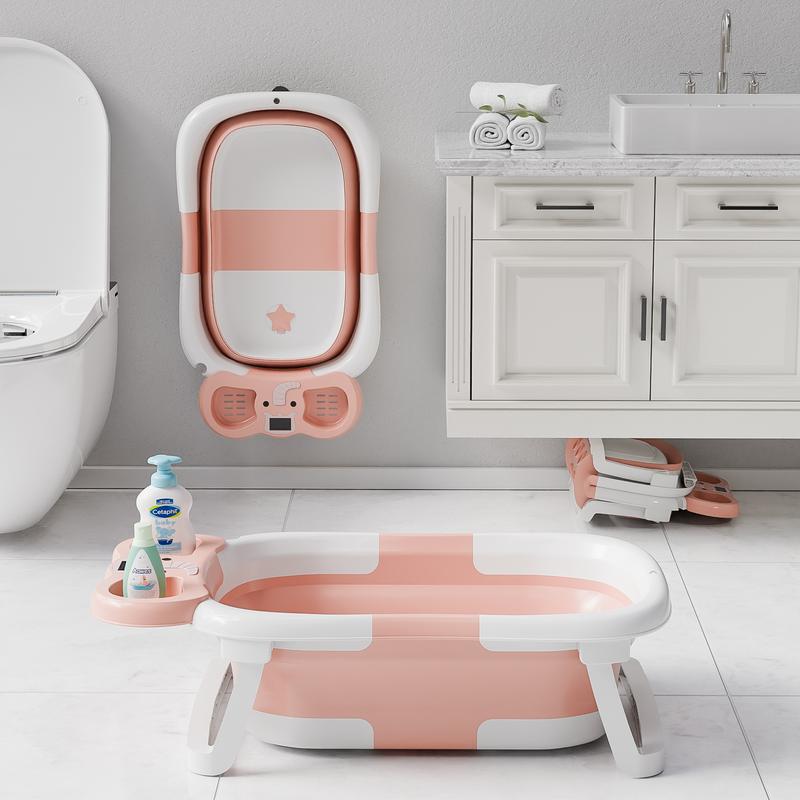 Napei Collapsible Baby Bathtub with Real-Time Temp Monitor, Floating Cushion, Bath Chair,Foldable Baby Bath Tub Set for Newborns & Toddlers, Drainage