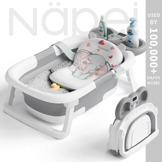 Napei Collapsible Baby Bathtub with Real-Time Temp Monitor, Floating Cushion, Bath Chair,Foldable Baby Bath Tub Set for Newborns & Toddlers, Drainage