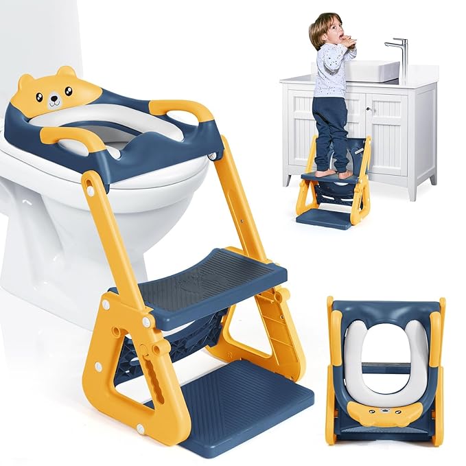 Orzbow 2-IN-1 Potty Training Toilet Seat with Step Stool for Toddler, Stability Training Potty Seat for Kids Boys Girls with Splash Guard and Anti-Slip Pad, Adjustable Ladder & Potty Seat Height, Grey