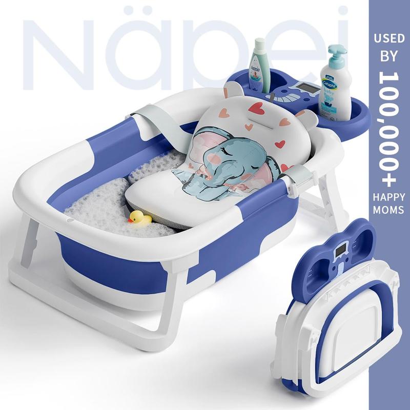 Napei Collapsible Baby Bathtub with Real-Time Temp Monitor, Floating Cushion, Bath Chair,Foldable Baby Bath Tub Set for Newborns & Toddlers, Drainage