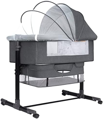 Baby Bassinet Sleeper, 6 Height Adjustable Cribs, Easy to Fold Portable Crib Side Bassinet, Swing Cradle Bed Side Sleeper with Ventilated Net&Wheels