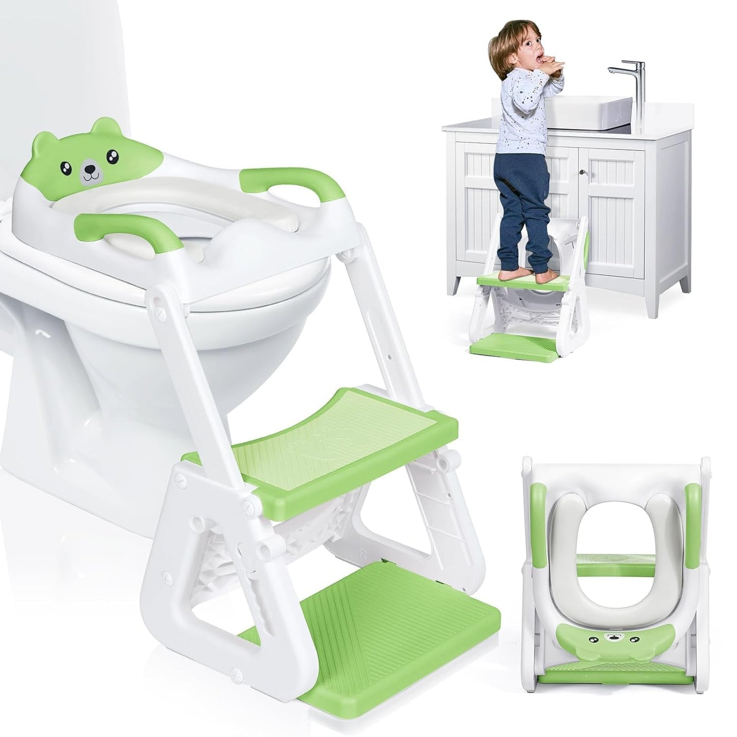Orzbow 2-IN-1 Potty Training Toilet Seat with Step Stool for Toddler, Stability Training Potty Seat for Kids Boys Girls with Splash Guard and Anti-Slip Pad, Adjustable Ladder & Potty Seat Height, Grey
