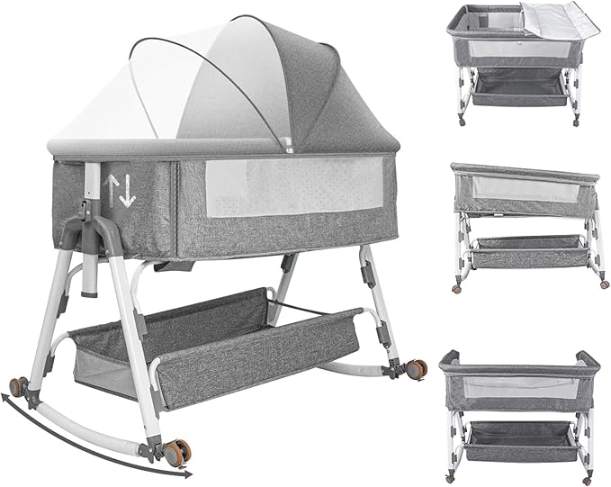 Baby Bassinet Sleeper, 6 Height Adjustable Cribs, Easy to Fold Portable Crib Side Bassinet, Swing Cradle Bed Side Sleeper with Ventilated Net&Wheels