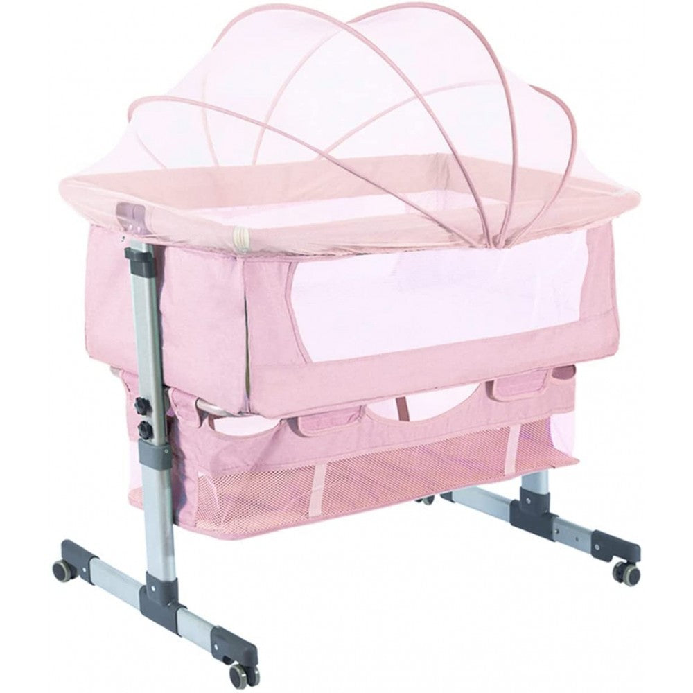 Baby Bassinet Sleeper, 6 Height Adjustable Cribs, Easy to Fold Portable Crib Side Bassinet, Swing Cradle Bed Side Sleeper with Ventilated Net&Wheels