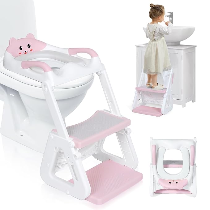 Orzbow 2-IN-1 Potty Training Toilet Seat with Step Stool for Toddler, Stability Training Potty Seat for Kids Boys Girls with Splash Guard and Anti-Slip Pad, Adjustable Ladder & Potty Seat Height, Grey