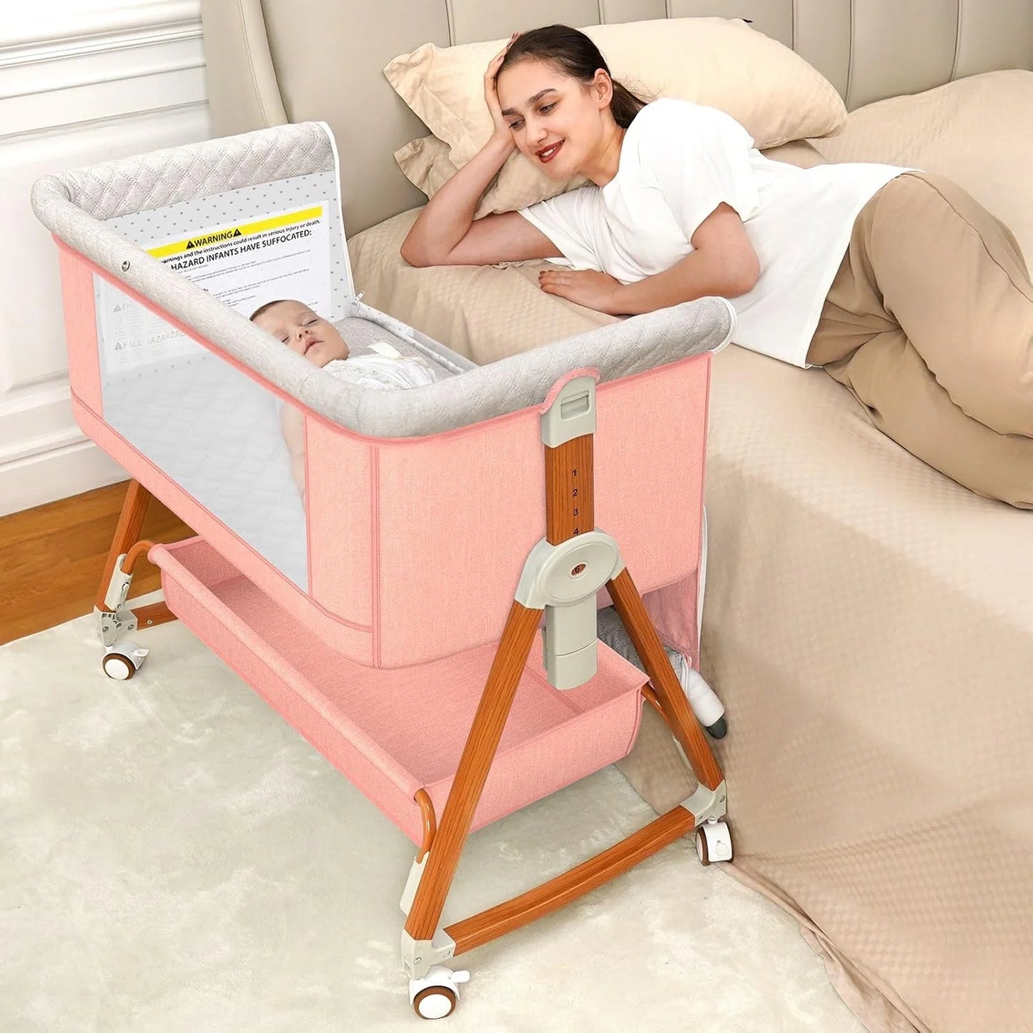 Baby Bassinet Sleeper, 6 Height Adjustable Cribs, Easy to Fold Portable Crib Side Bassinet, Swing Cradle Bed Side Sleeper with Ventilated Net&Wheels